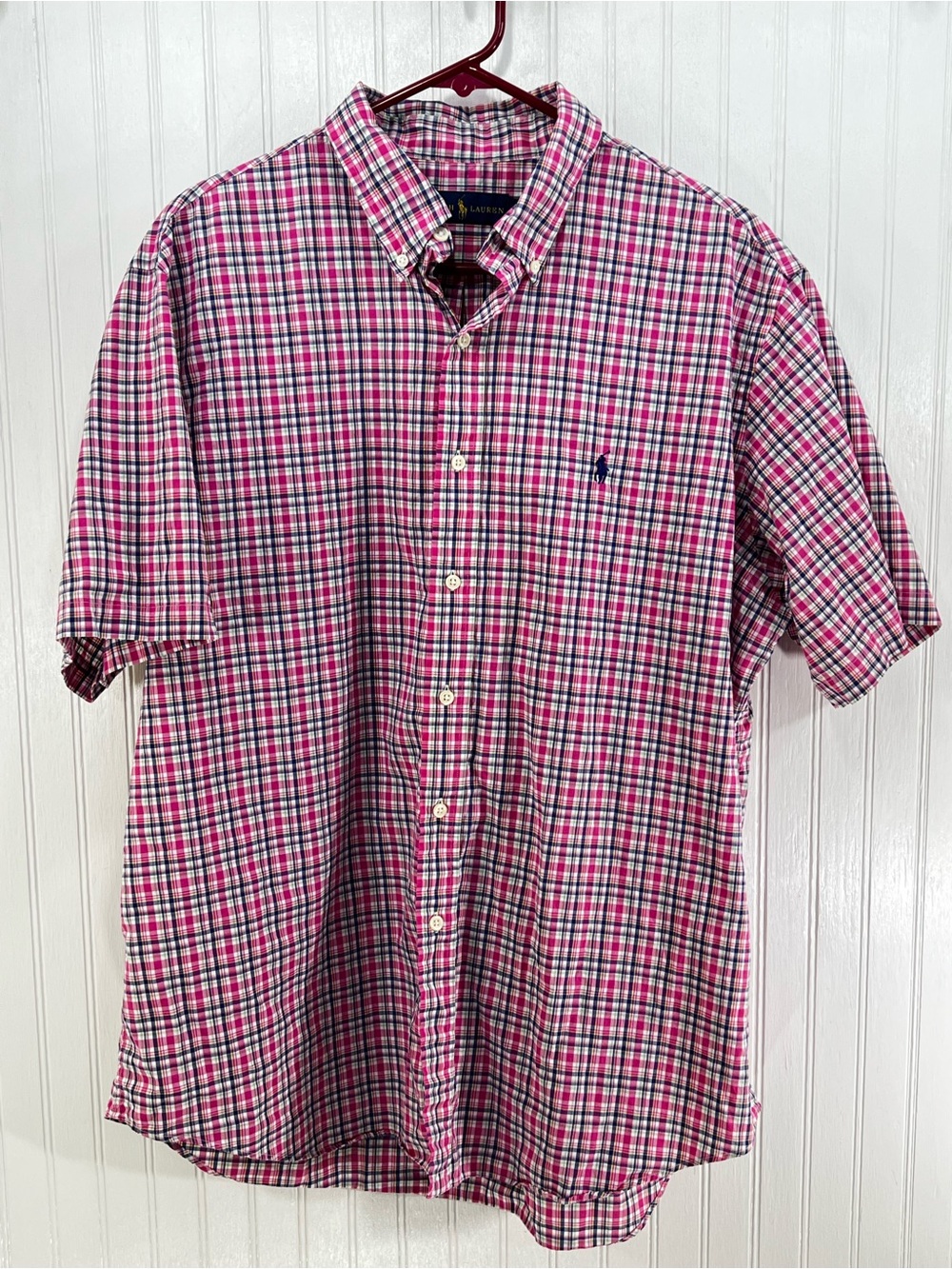 Ralph Lauren Polo Men’s XL Button Down Shirt Pink Blue Plaid Cotton Preppy